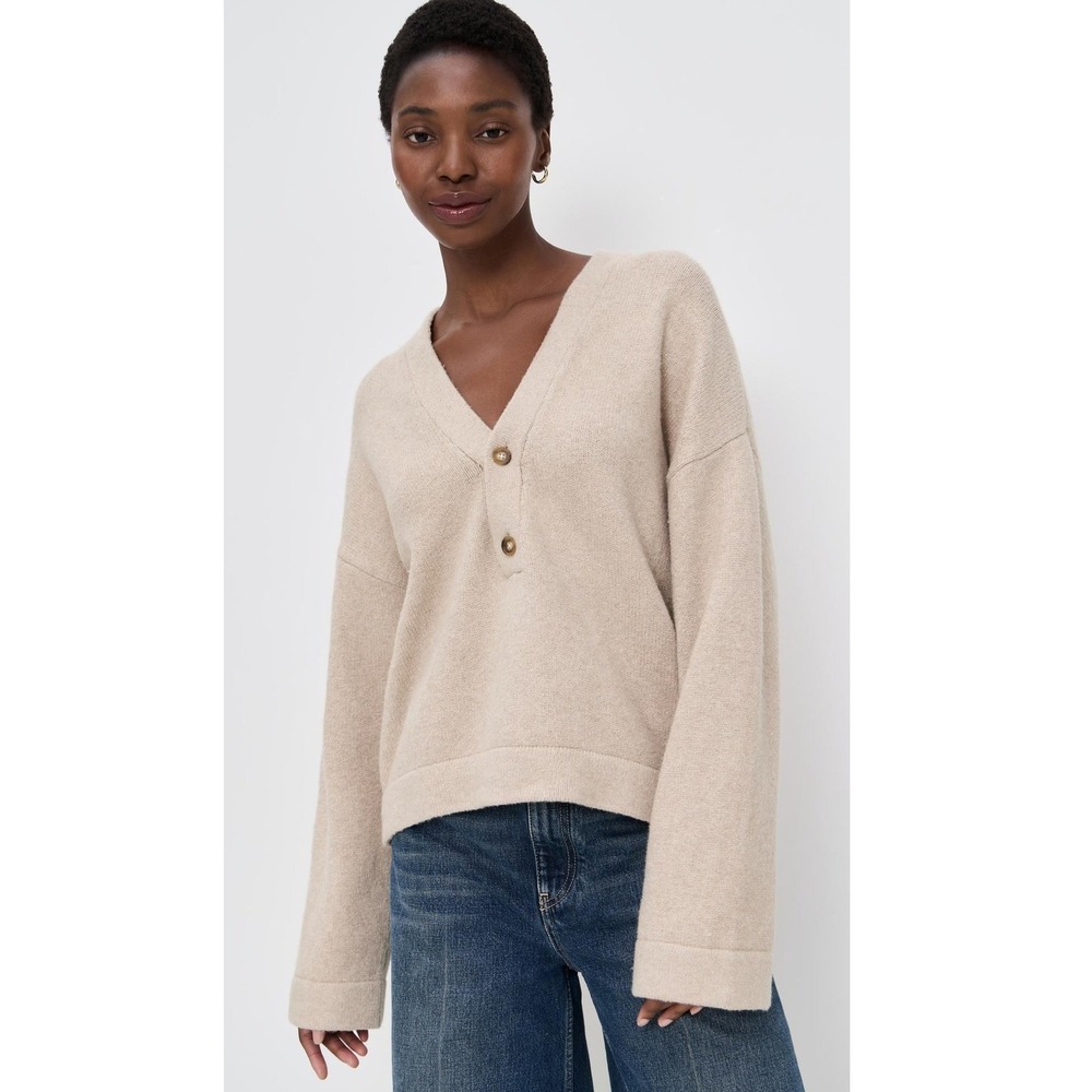 Faherty Jackson V Neck Popover - Oatmeal Heather Oversized Sweater Size Small